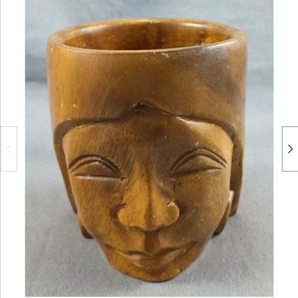 Vtg Hand Carved Solid Wood Tiki Tribal Native Beach Face Drinking Mug 4" Tall - Picture 1 of 7